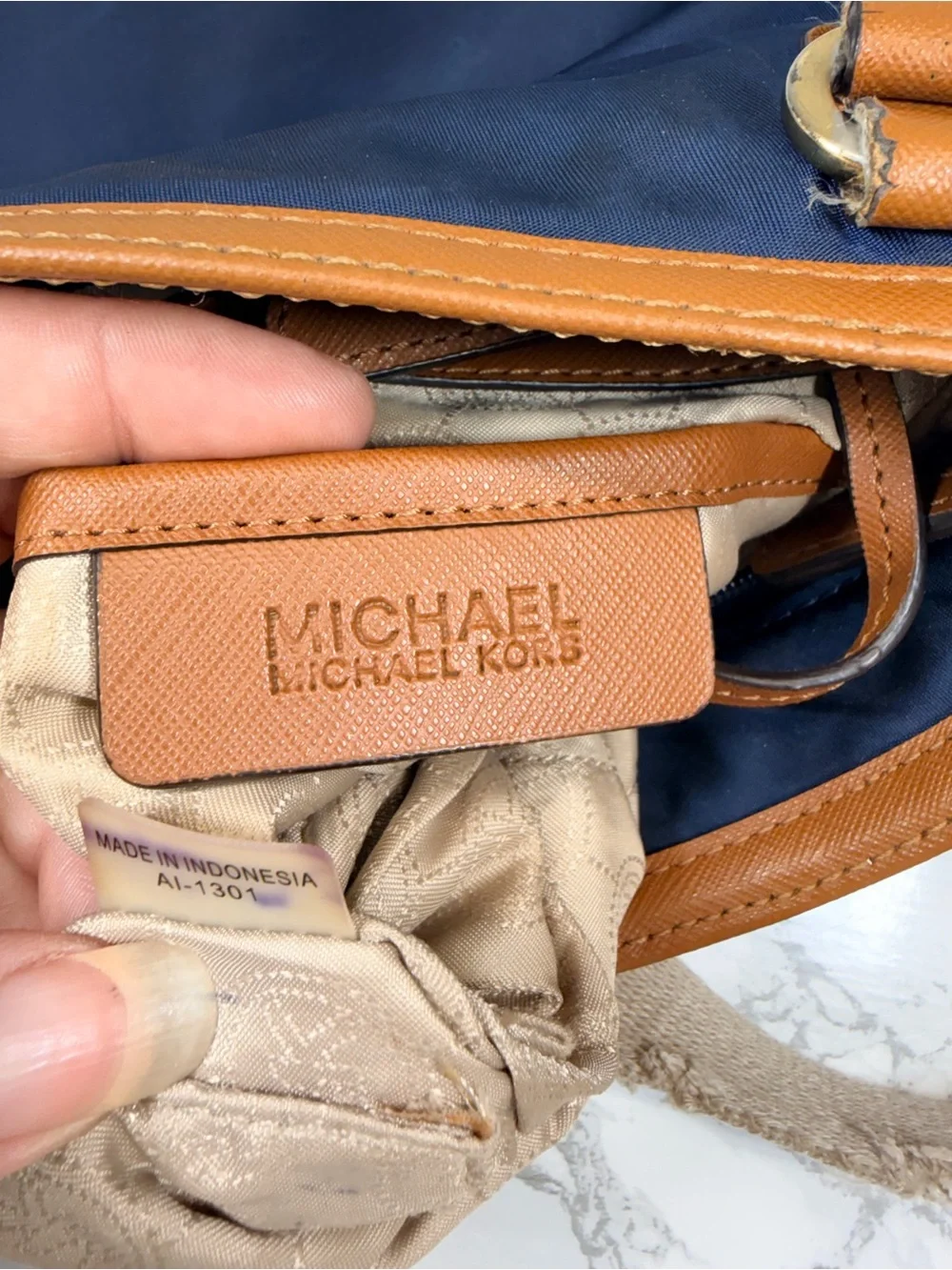 Michael Kors Navy Crossbody with Tan Trim and Gold Accents